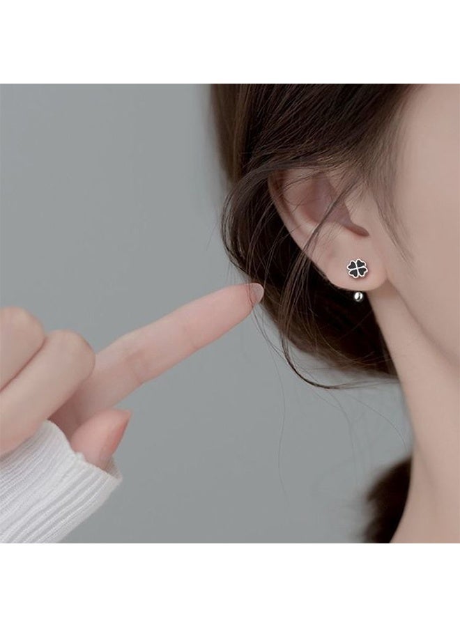 20G Four Leaf Clover Half Hoop Earrings 925 Sterling Silver Cartilage Screw Back Ball Tiny Studs Black Enamel Love Heart Flower Dangle Drop Helix Earring Cute Lucky Jewelry for Women Gifts - Image 2